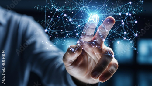 Man touching a glowing digital network interface with his finger in a dark setting