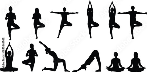 Yoga, silhouette, posture, gesture, pose, balance, stretch, seated, standing, floor, setup, wellness, vector, black, flavector, minimal, fitness, meditation, exercise, flexibility