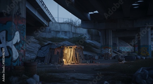 A makeshift shelter under a bridge, illuminated from within. Surrounding area features graffiti and debris, creating a stark urban scene.