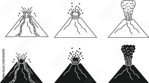Volcano, eruption, silhouette, posture, gesture, lava, ash, cloud, burst, setup, vector, black, pose, flavector, minimal, geology, explosion, magma, scientific, natural, activity