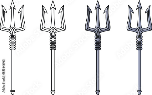 Trident, weapon, silhouette, posture, gesture, prong, grip, metallic, render, setup, vector, black, pose, flavector, minimal, design, evolution, concept, fantasy, game, art