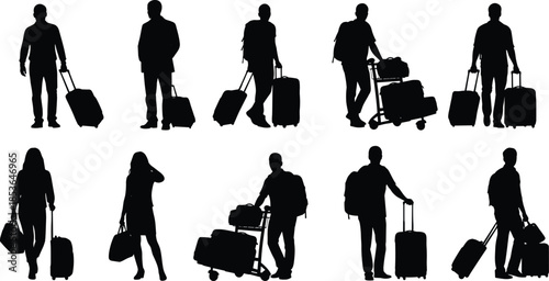 Traveler, luggage, silhouette, posture, gesture, suitcase, duffel, cart, airport, station, mobility, setup, tourism, transport, vector, black, pose, flavector, minimal, journey