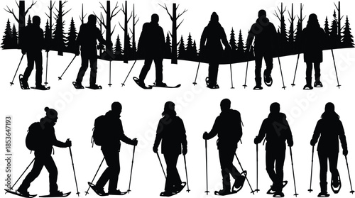 Snowshoeing, forest, silhouette, posture, gesture, winter, pole, jacket, backpack, tree, setup, vector, black, pose, flavector, minimal, hiking, trekking, nature, outdoor, activity