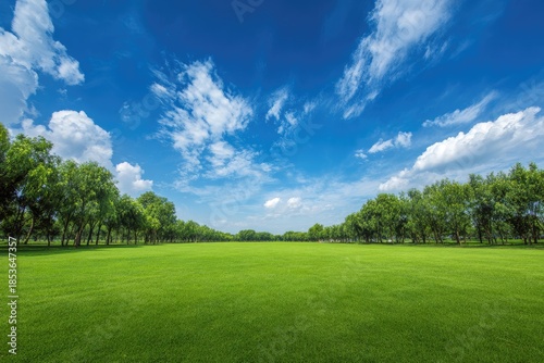 A vibrant green lawn stretching towards a line of lush trees beneath a bright blue, cloudy sky