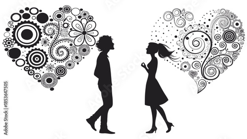 Silhouettes of couple walking apart with decorative heart designs