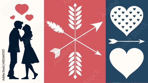 Romantic couple kissing with hearts and love symbols