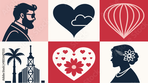 Vibrant graphic illustrations of love and travel concepts