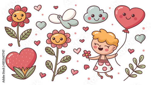 Happy little girl with heart balloon and smiling flowers on white background