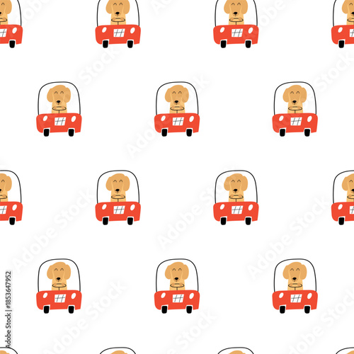 Dachshund Behind Wheel Seamless Pattern Vector Illustration, Dog Driver Repeat Background