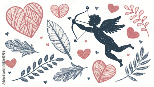 Cupid silhouette with hearts and feathers on white background