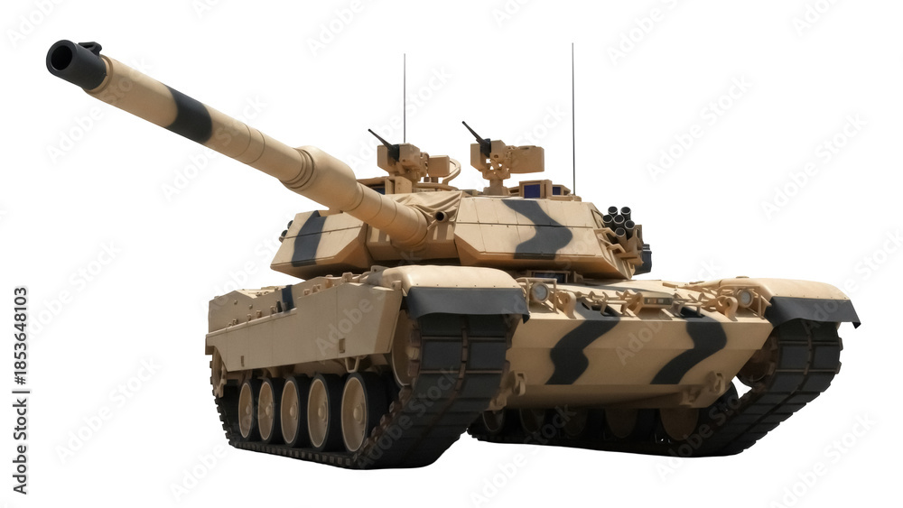 Obraz premium Camouflaged main battle tank PNG isolated on transparent background, modern military vehicle for army and defense concepts