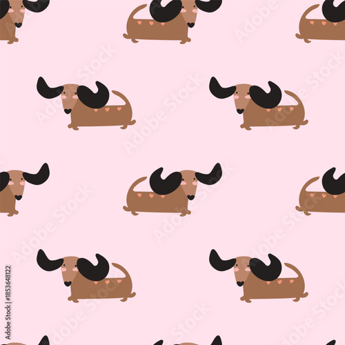 Jumping Dachshund on Pink Background Seamless Pattern Vector Illustration, Playful Dog Design