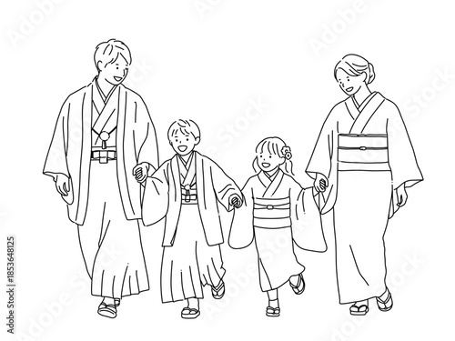和装で手をつないで歩く家族の線画イラスト｜七五三・お正月・親子