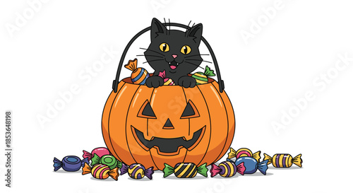 Adorable black cat with a happy, fang-toothed smile, sitting inside a jack-o'-lantern candy bucket surrounded by colorful sweets.