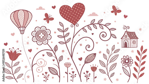 Whimsical garden scene with heart, flowers, and hot air balloon