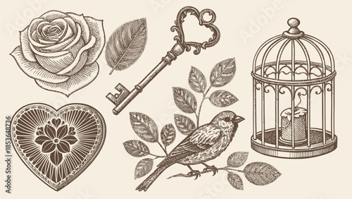 Vintage illustrations of love and freedom symbols combined