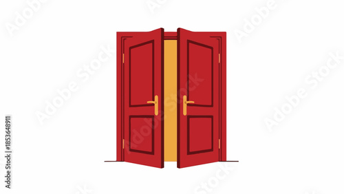 Vibrant red double doors slightly open, revealing a path