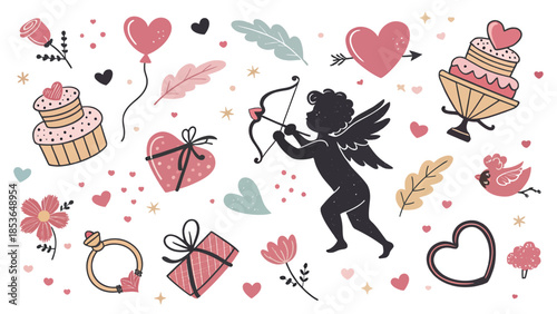 Charming Valentine's Day illustrations with Cupid and sweet treats