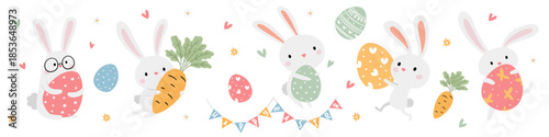 Cute rabbits carrying Easter eggs, Happy Easter inscription on flags, flowers, and eggs. A set of flat vector illustrations. . Vector illustration