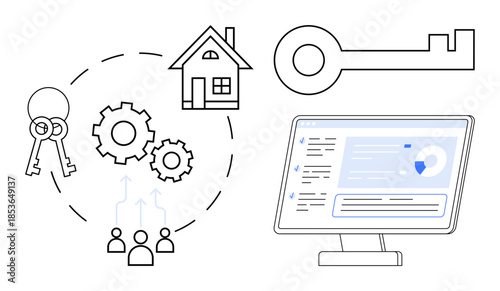 Real estate automation, smart home security, digital access, key sharing, property management, online tools. Graphics of house, keys gears people and display screen. Real estate and smart home