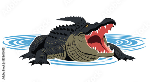 Aggressive alligator with its mouth wide open sitting in blue water, showing its sharp teeth in a powerful display.