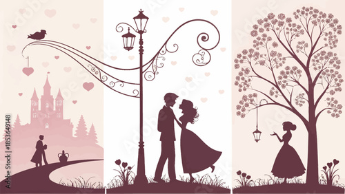 Romantic silhouettes of couples in love with heart decorations