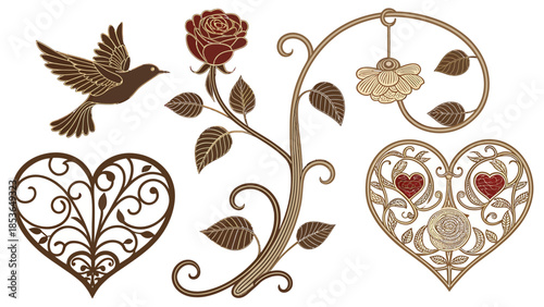 Romantic heart and rose designs with bird and floral patterns