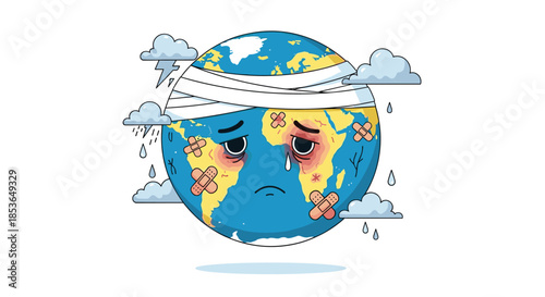 Crying cartoon planet Earth with a sad face covered in bandages, representing pollution and environmental damage.