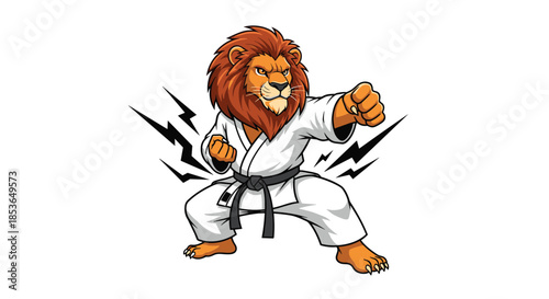 Powerful lion mascot in a white karate uniform with a black belt, posing in a dynamic martial arts fighting stance.