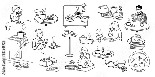 カフェで過ごす静かな時間のイラストセット、Quiet Cafe Time Illustration Set