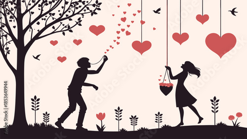 Romantic couple in love exchanging hearts in beautiful garden