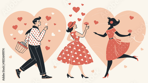 Vintage couple and woman exchanging flowers with hearts