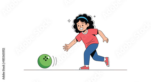 Happy young girl with curly hair enjoying a game of bowling, throwing a green ball down the lane with a smile.