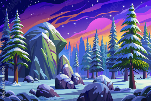 mixed forest of evergreen and deciduous trees stands beneath falling snow, creating a layered winter landscape rich in texture and seasonal contrast