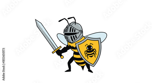 Cartoon bee character dressed as a medieval knight in shining armor, holding a sword and a shield with a bee logo.
