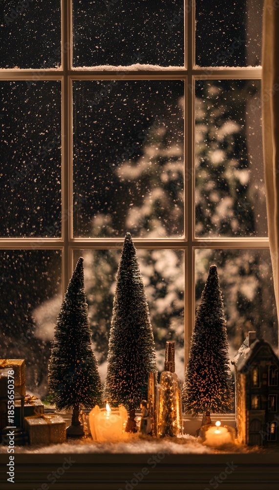 Fototapeta premium Warm winter window scene evokes cozy holiday feelings with snow covered trees and glowing gifts