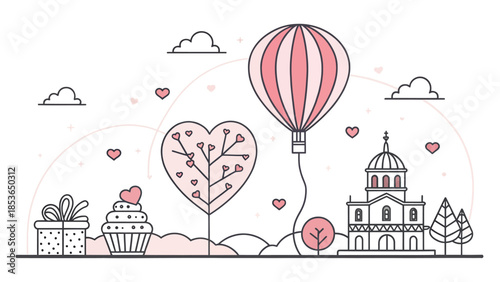 Romantic Valentine's Day scene with hot air balloon and gifts