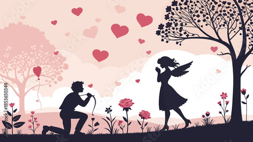 Romantic couple proposal scene with hearts and flowers in pink landscape
