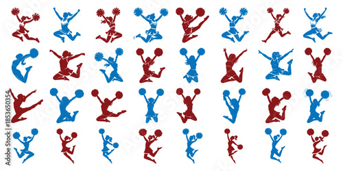 Cheerleader Jumping Pom Poms in Dynamic Poses vector set, different kinds of Cheerleader