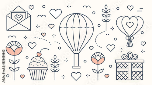Charming Valentine's Day icons with hearts and gifts