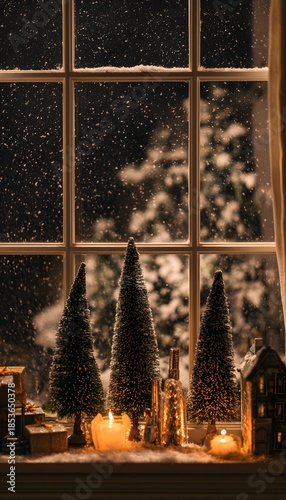 Warm winter window scene evokes cozy holiday feelings with snow covered trees and glowing gifts