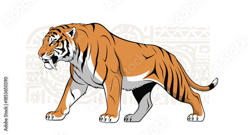 Powerful saber-toothed tiger with large fangs walking with a fierce expression against a tribal pattern background.