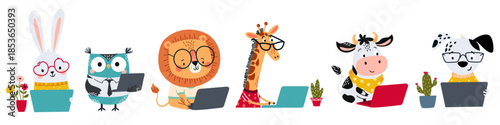 A set of vector illustrations in a simple children's style. The concept of computer courses for children. A lion, cow, giraffe, rabbit, puppy, and owl are working on a laptop. Vector illustration
