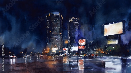 Nighttime Cityscape Watercolor Illustration Reflects Urban Mood and Glowing Lights