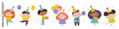A set of flat vector illustrations in a simple children's style. Cute boys and girls celebrating their birthday with balloons and cake. Vector illustration