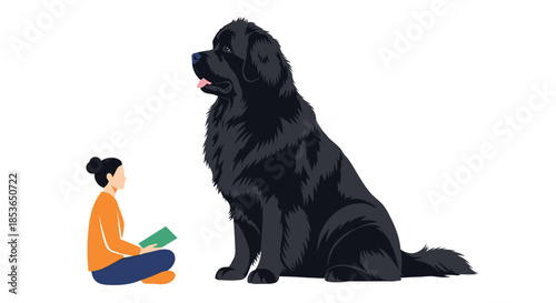 Woman sitting on the floor reading a book aloud to a giant, fluffy black Newfoundland dog who is listening intently.