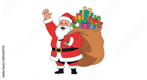 Cheerful Santa Claus character waving a friendly goodbye while carrying a giant sack overflowing with Christmas presents.