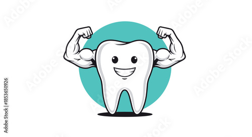 Cute and healthy cartoon tooth character with a happy smile, flexing its strong muscular arms to show its strength.
