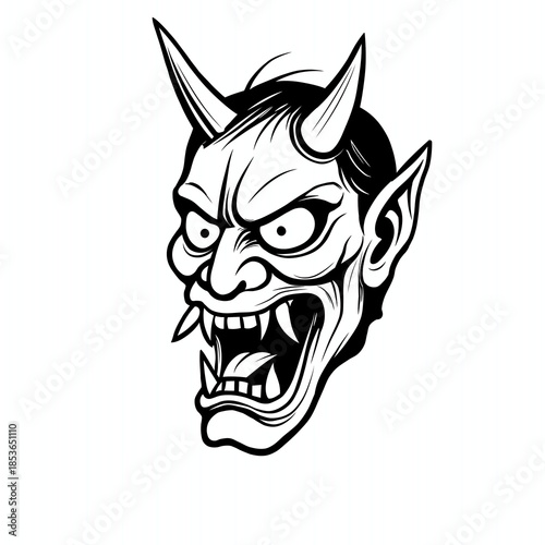 A bold black-and-white illustration of a fierce demon face with sharp horns, pointed ears, and an open mouth showing long fangs in a tattoo-style design.