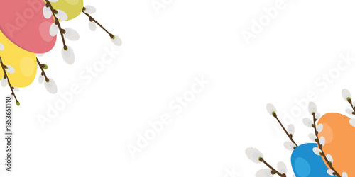 Easter horizontal background with colorful eggs, willow branches and empty space. Template for design, decor, greeting card, invitation, sale.	